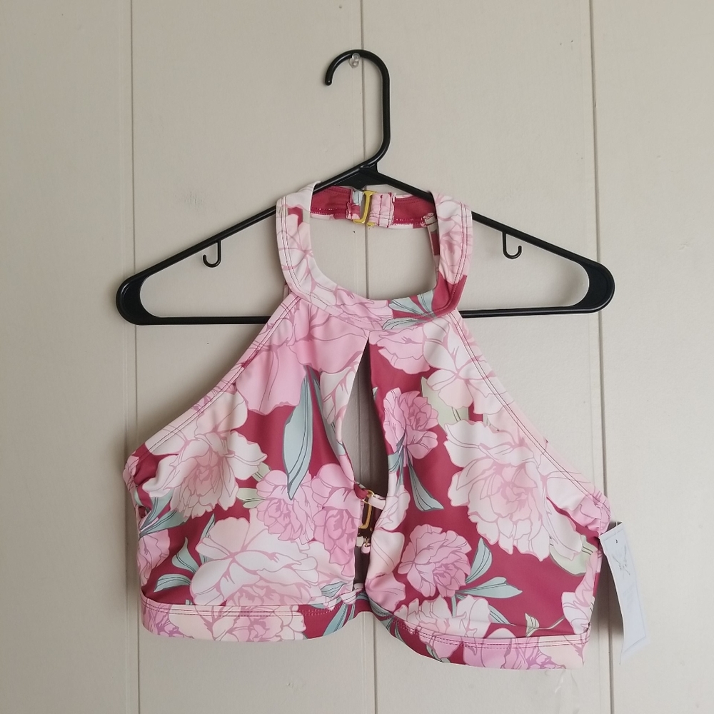 BluC Bikini Swimsuit Set Red Floral Size 1X Padded Wireless High Waisted Hi Neck